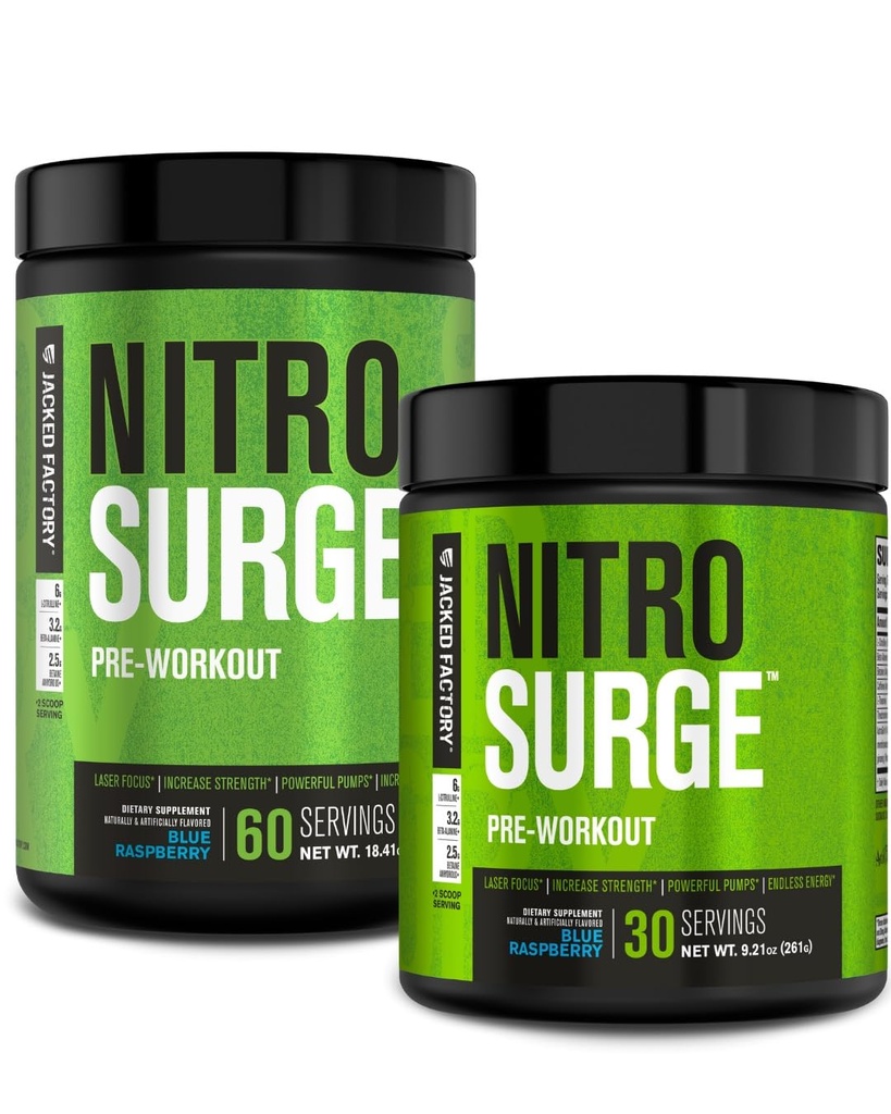 Jacked Factory NITROSURGE Pre Workout Suplemento - Energy Booster, Instant Strength Gains, Clear Focus &amp; Intense Pumps - NO Booster &amp; Powerful Preworkout Energy Powder - 90 Servings, Blue Raspberry