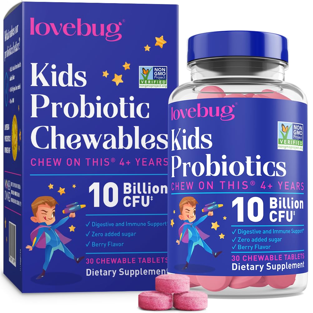LOVEBUG Probióticos para niños – Probióticos Chewables con fibra prebiótica para la edad 4+,Daily Children's Gut Health &amp; Digestive Support Suplemento, Sugar-Free Berry Flavor, 30 Cuenta