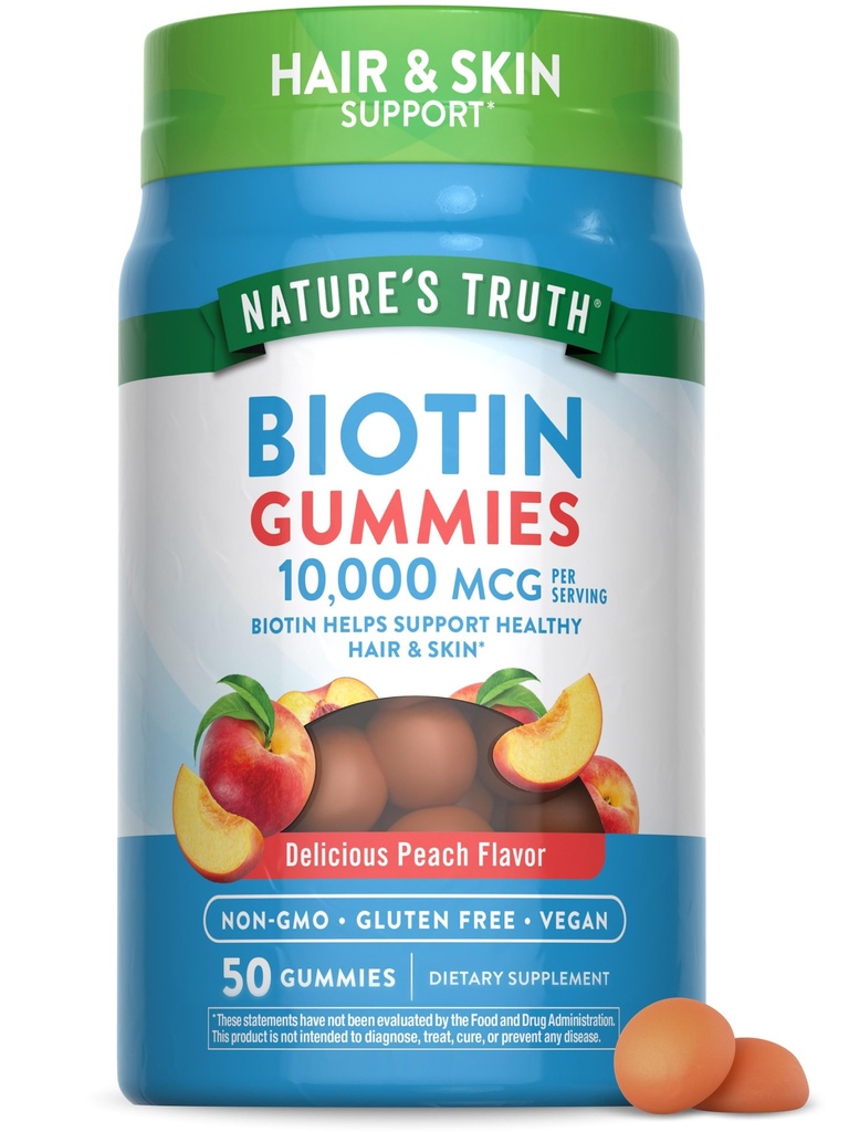 La verdad de la naturaleza Biotin Gummies TEN 10000mcg ANTE 50 Conde TENGA Vegan, No GMO &amp; Gluten Free Supplement TEN Peach Flavor