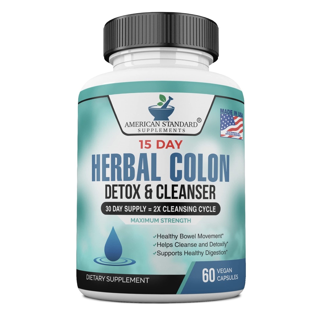 American Standard Supplements Colon Cleanse - 60 Veggie Capsules, 30 Servings – Herbal Blend con Psyllium Husk, Senna Leaves, Aloe Vera, Ginger, Cascara Sagrada &amp; More