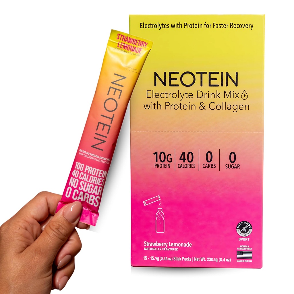 NEOTEIN: Electrolyte Powder Packets, Protein Powder con 10g Protein &amp; Collagen   Hydration Packets - Zero Sugar, NO Fillers, NO Carbs ← Strawberry Lemonade ← 40 Calories Silencio Keto &amp; Paleo tención Pack of 15