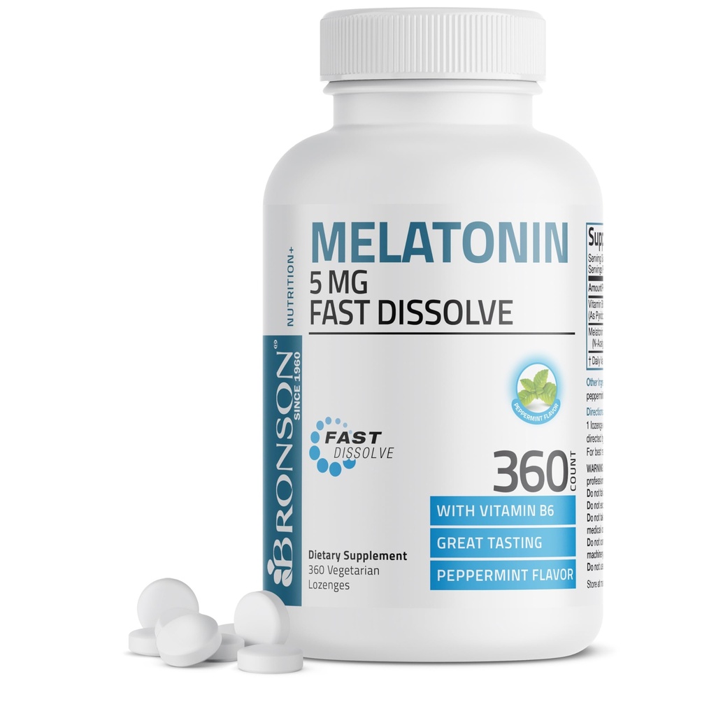 Melatonina Bronson 5mg Tablas de menta de disuelve rápido con vitamina B6 - Promueve la relajación, 360 Lozenges Chewable vegetarianos