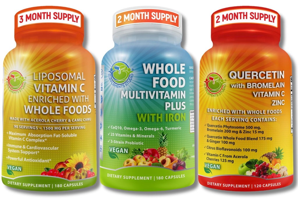 SUPPLEMENTOS STUDIO Vegan Immune, Energy & Whole Body Support Bundle – Vegan Whole Food Multivitamin with Iron + Liposomal Vitamin C 1500mg + Quercetin with Bromelain, Zinc, and Vitamin C – Non-GMO