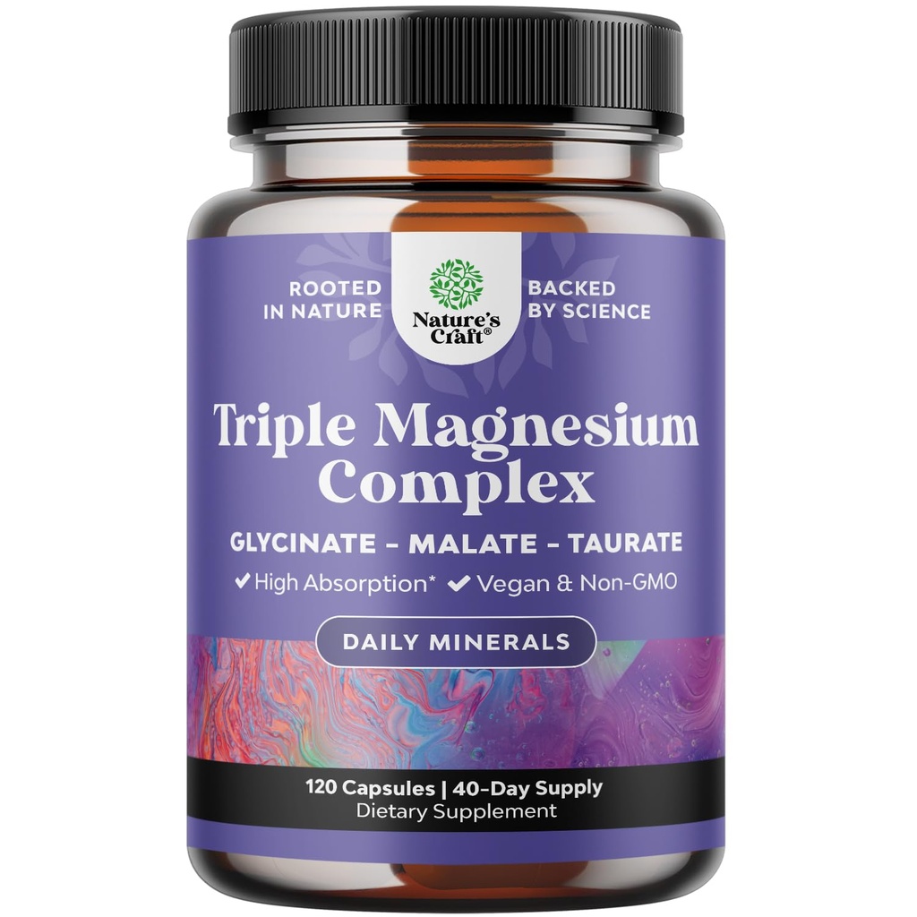 Suplemento Complejo de Magnesio Triple - Alta Absorción Magnesium Glycinate, Malate &amp; Taurate Blend for Muscles, Energy Support & Heart Health - Triple Mg Complex 400 mg Capsules - 120 Conde
