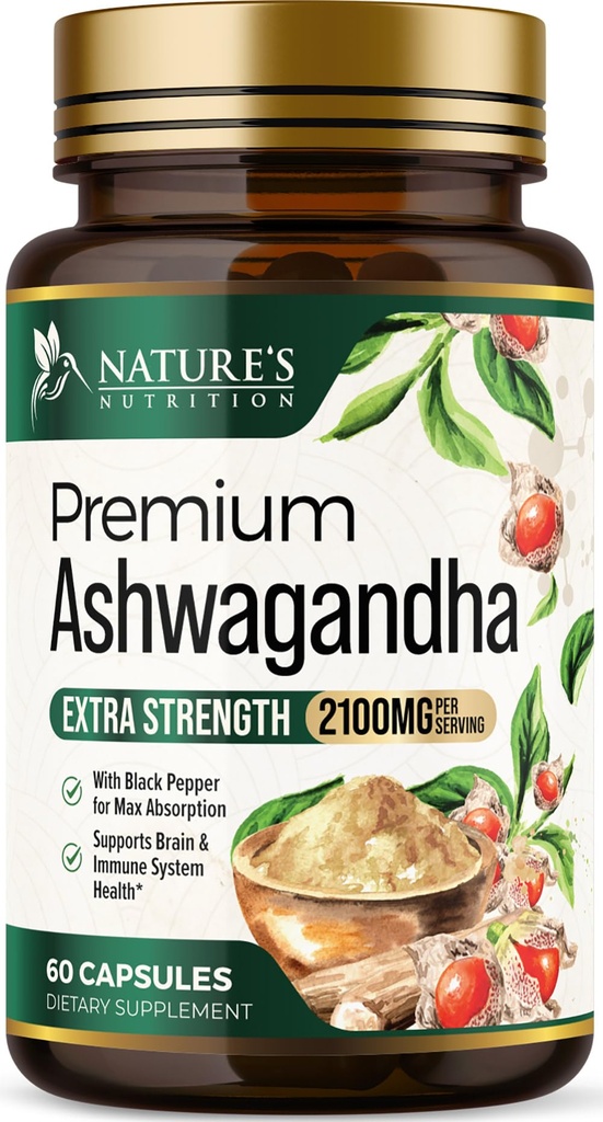 Suplementos de Ashwagandha - 2100mg Cápsula de Ashwagandha para Hombres de Mujeres, Apoyo Antioxidante Natural, Extracto de Ashwa Root, Apoyo a la calma de fuerza extra con Pepper Negro, Vegan &amp; Gluten Gratis - 60 Cápsulas