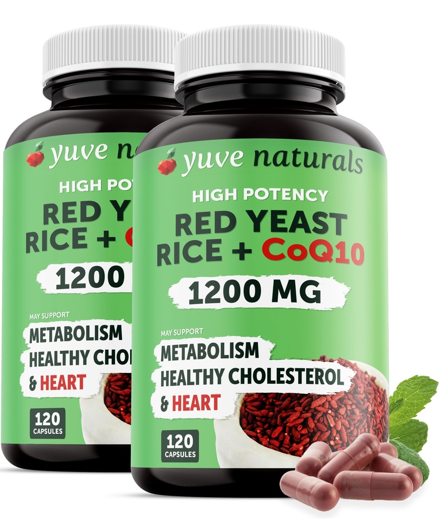 Levadura roja arroz 1200 mg cápsulas con CoQ10 - Mantener niveles saludables de colesterol, Herbal Heart Health Vegan rojo levadura suplemento - Levadura de arroz rojo con CoQ10 para hombres de mujer - 120 Ct (2-Pack)