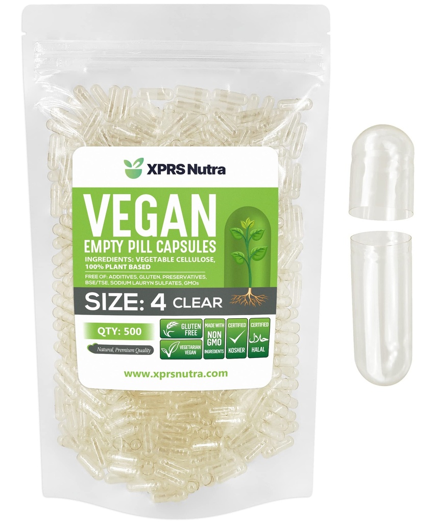 XPRS Nutra Size 4 Empty Capsules - 500 Cuentas Clear Small Empty Vegan Capsules - DIY Vegetable Capsule Filling - Fillable Do-It-youself Veggie Pill Caps for Supplements