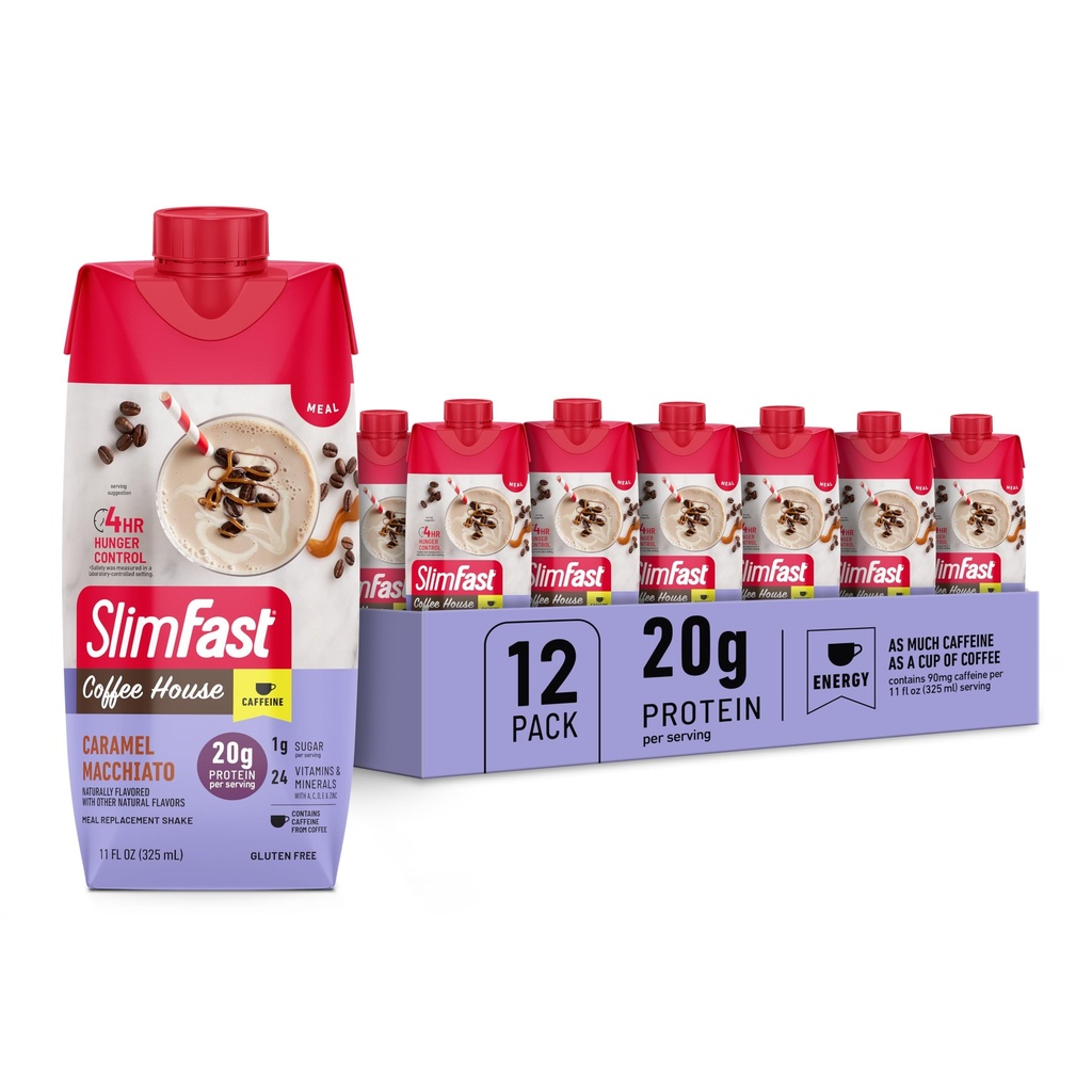 SlimFast Protein Shake with Caffeine, Caramel Macchiato- 20g Protein, Meal Replacement Shakes, High Protein with Low Carb and Low Sugar, 24 Vitaminas y Minerales, 12 Conde (Pack of 1)
