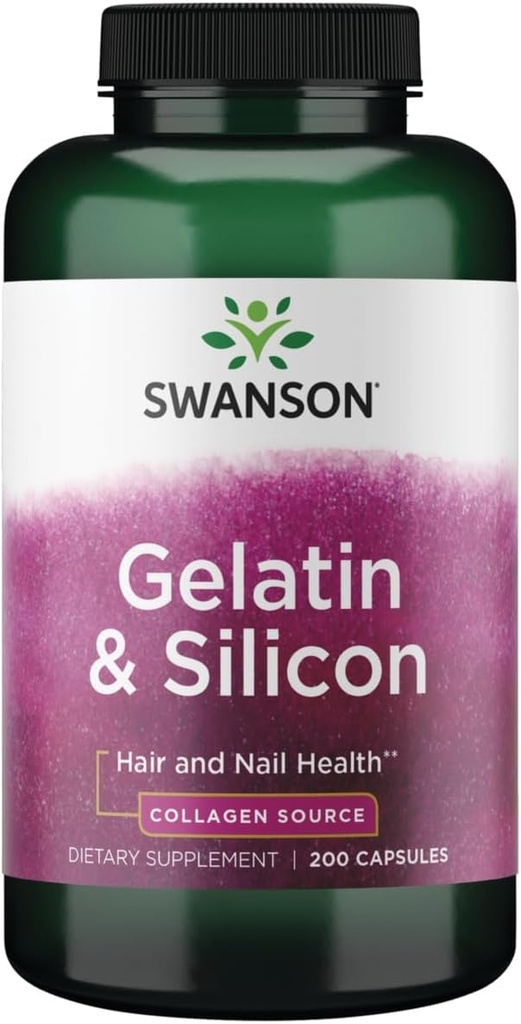 Swanson Gelatina y Silicio - Proteínas de Collagen Apoyo al cabello y uñas saludables - Ayuda a ofrecer minerales vitales para uñas fuertes y cabello grueso - Silicio de 20 mg y Gelatina de 1,08 gramos - (200 cápsulas)