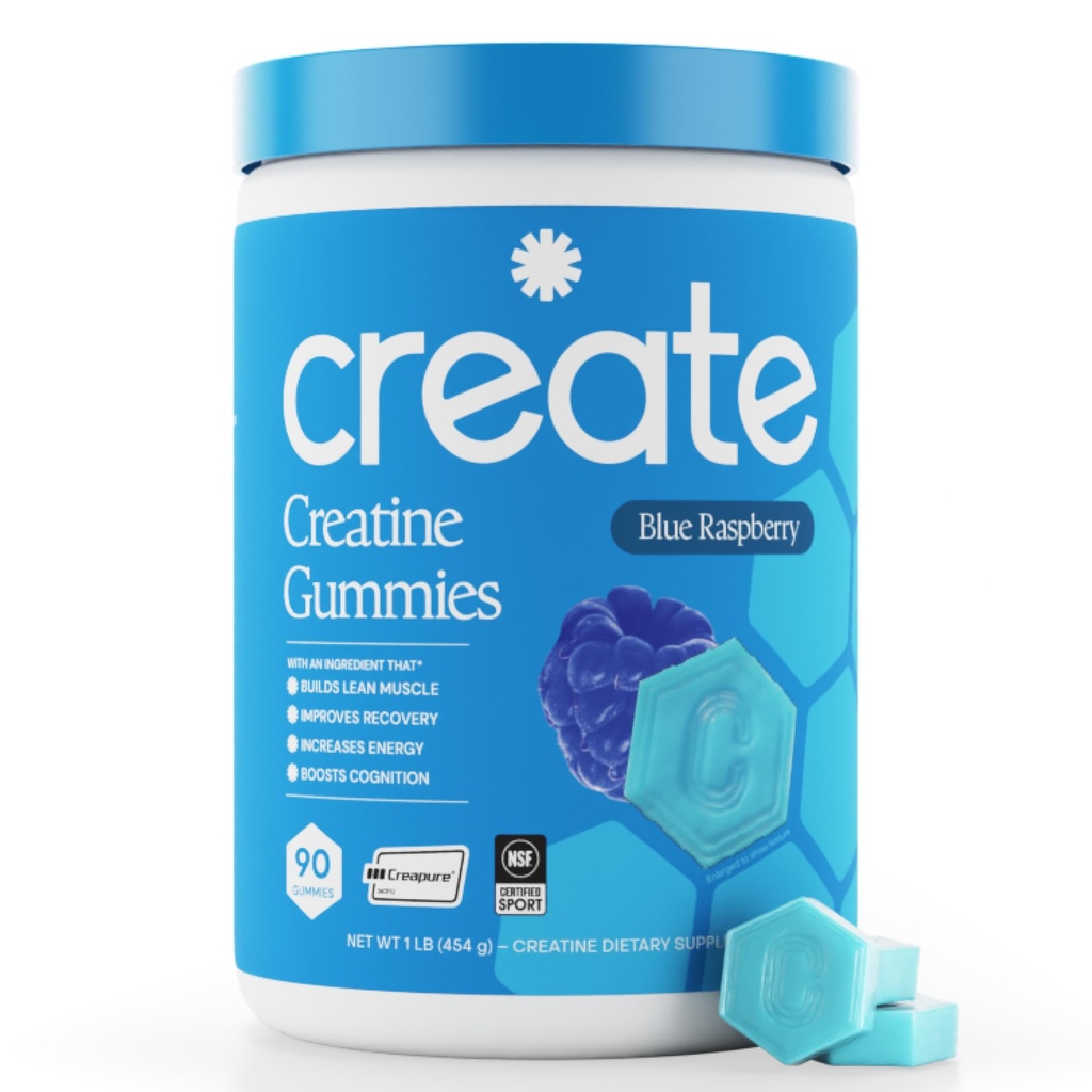 Create Creatine Monohydrate Gummies for Men &amp; Women, Boost Focus, Strength, and Endurance, Anti-Melting Formula, Vegan, Gluten-Free, Non-GMO, 1.5g de Creatine per Gummy (Blue Raspberry, 90 ct)