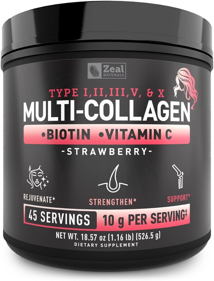 Péptidos Multi Collagen Premium Pólvora Proteína (1, 2, 3, 5 &amp; 10) con Vitamina C, Biotina, Ácido Hialurónico, para la piel del cabello y uñas - Marine, Bovine, Pollo &amp; Eggshell (Strawberry, 45 Servings)