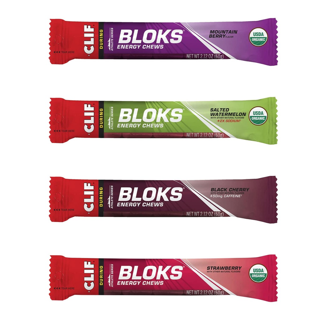 CLIF BLOKS - Chews de energía - 4 Flavor Variety Pack - Non-GMO - Alimentación basada en plantas - Carbs rápidos para el ciclismo y el funcionamiento - Workout Snack (2.1 Ounce Packet, 12 Cuenta)
