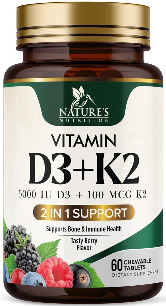 Vitamina D3 K2 Suplemento TENIDO 5000 UI D3 + K2 100 mcg TEN MK-7 K2 con vitamina D ANTERIENTE Apoyo Immune, Heart, Teeth & Bone Health - Nature's Easy to Chew, VIT D3 K2, Non-GMO, Tasty Berry Flavor - 60 Tablets