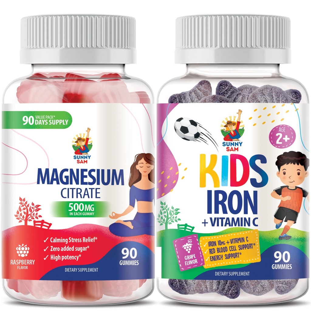 SUNNY SAM Iron Gummies for Kids &amp; Adults &amp; Magnesium Gummies for Adults - 500mg - Calm Magnesium Chews - Magnesium Citrate Chewable Supplement for Mood &amp; Muscle Support. Vitaminas de hierro con vitamina C.