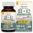 Planta orgánica D3 + K2 tención 5000 iu D3 + 120 mcg K2 como All-Trans MK7 de MenaQ7® - 100% Whole Food, Raw &amp; Vegan ← Enhanced Digestion with Prebiotic & Superfood Complex – D3 from Organic Algae (60 Count)