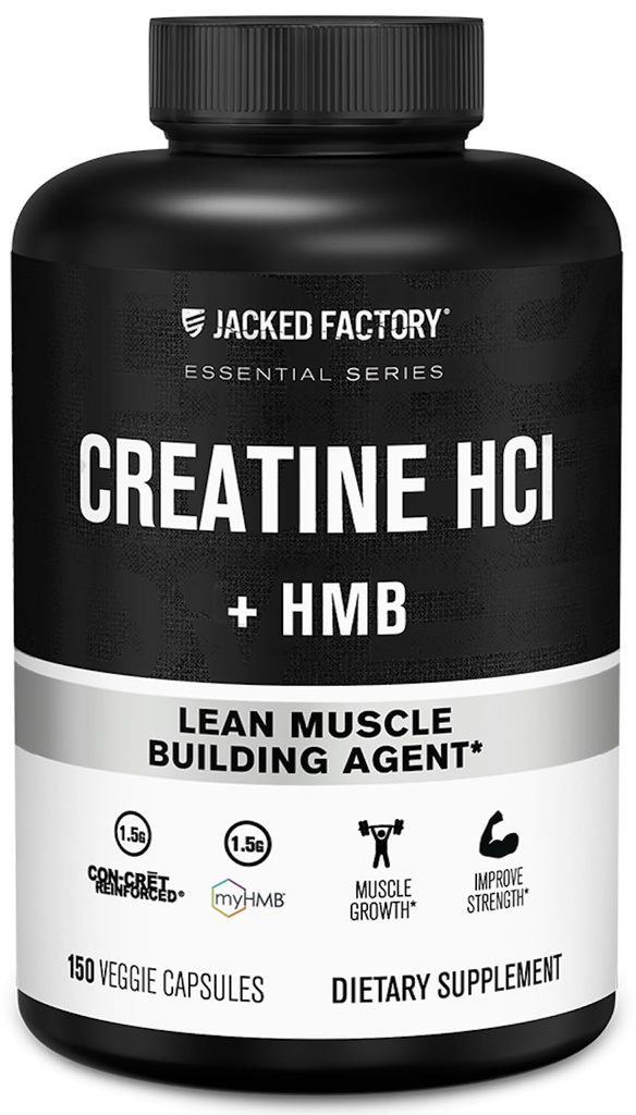 Fábrica de Jacked Creatine HCL + HMB Capsules - Con-CRET sinérgico, myHMB, &amp; Vitamina D Fórmula para el crecimiento mejorado, fuerza, " Desglose del músculo reducido - 150 cápsulas