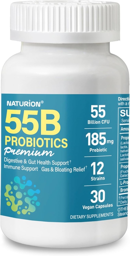 55B Probióticos Premium - 55 Billion CFU, 12 Strains, 185mg Prebiótico - Immune Support, Digestive & Gut Health - Supports Occasional Constipation, Gas &amp; Bloating - 30 Vegan Capsules, 30 Day Supply