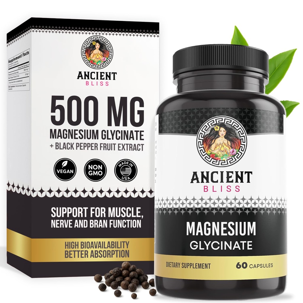 Antiguo Bliss Magnesium Glycinate for Muscles & Nerves, Digestive & Immune Support Supplement, Magnesium Supplement for Women &amp; Men (60 Capsules)