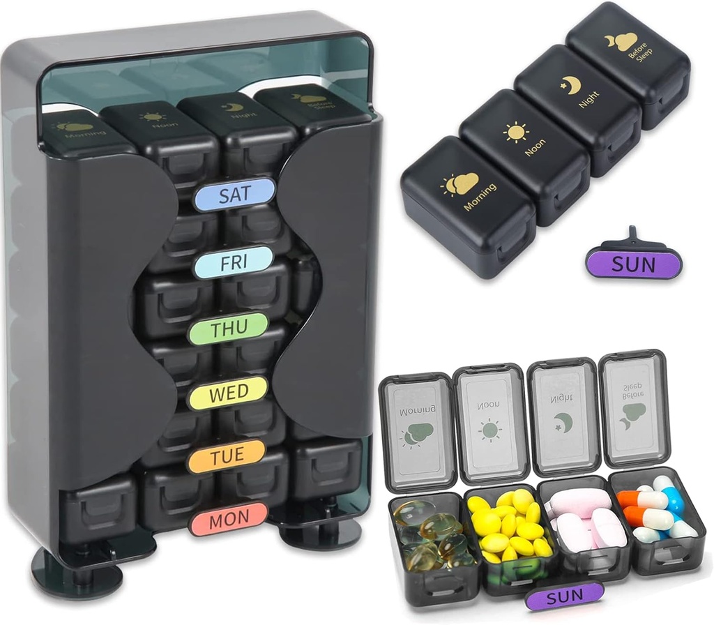 Organizador semanal de píldoras 7 días 4 veces al día, Organizador de caja grande con drenaje Diseñado, Organizador diario de píldoras para mantener la medicina, medicamentos, vitaminas y aceites de pescado (negro)