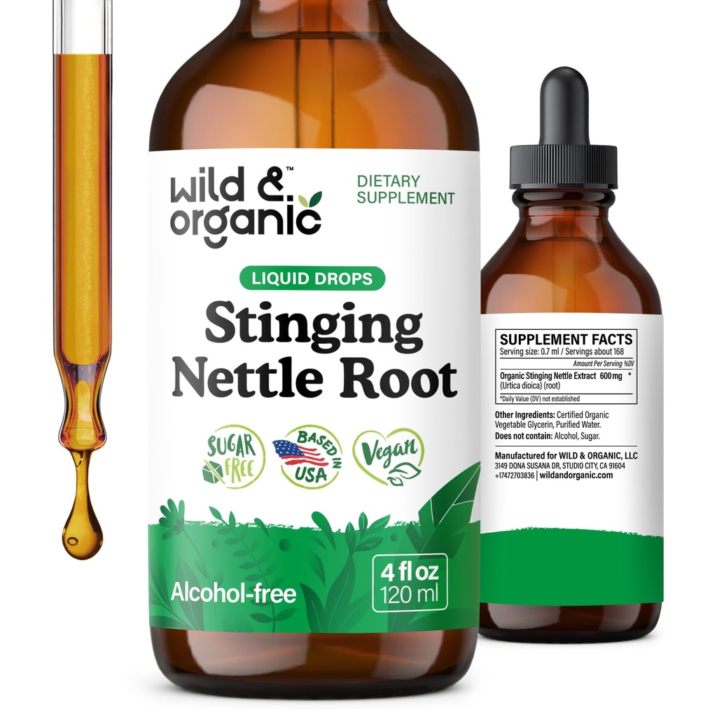 Wild &amp; Organic Stinging Nettle Tincture - Stinginging Nettle Root Extract Drops for Men &amp; Women - Liquid Urtica Dioica Supplement - Vegan, Sugar &amp; Alcohol-Free - 4 fl oz