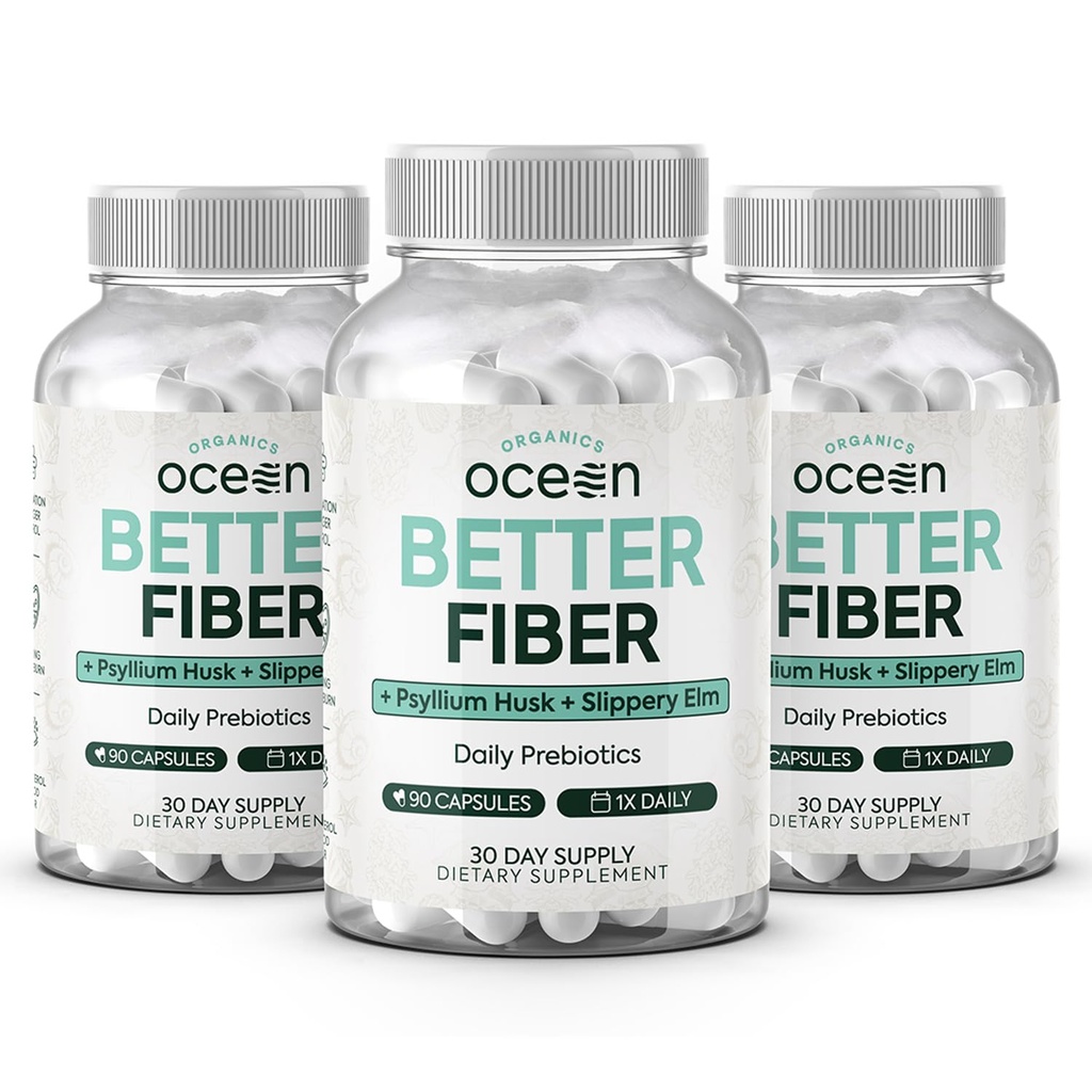 Organics Ocean Better Fiber - Suplemento diario de fibra - Soften Stool for Effortless Bowel Movements - con Psyllium Hulk y Slippery Elm - 3 Botellas