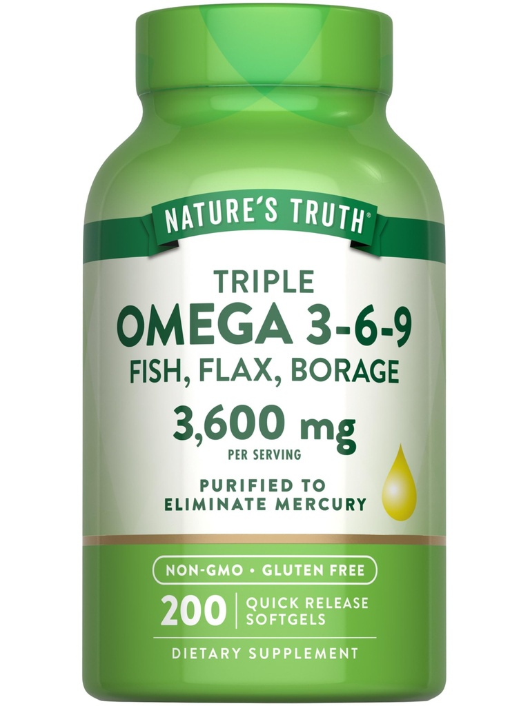 La verdad de la naturaleza Triple Omega 3 6 9 Silencio 3600mg Silenciosos 200 Softgels  durable Fish, Flax, y Borage Oils ← Non-GMO & Gluten Free Supplement