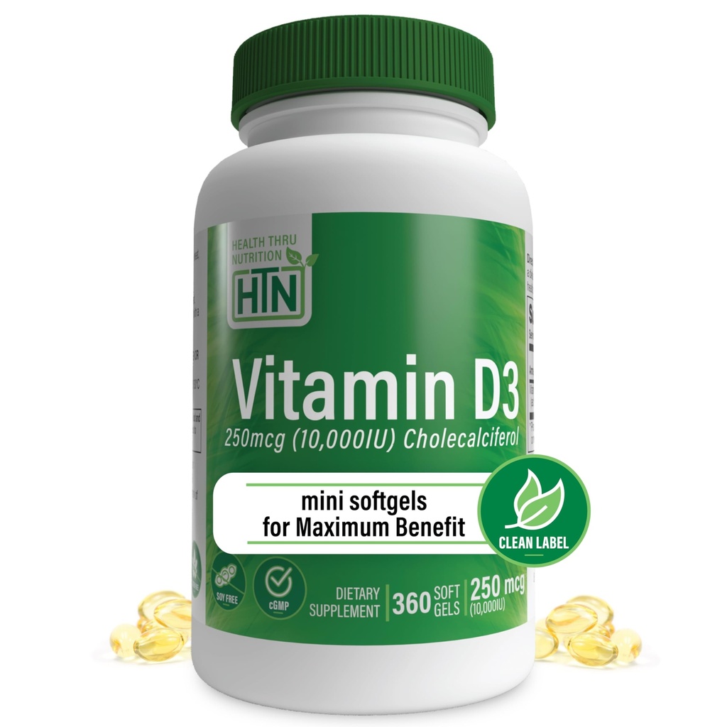 Salud Thru Nutrición Vitamina D3 10,000iu 360 Mini Softgels para Máximo Benefit Año Suministro Silencio 250mcg Cholecalciferol Silencio 3er Parte Testado  Grado en EVOO OrgÃ©nico Silencioso Salud Apoyo