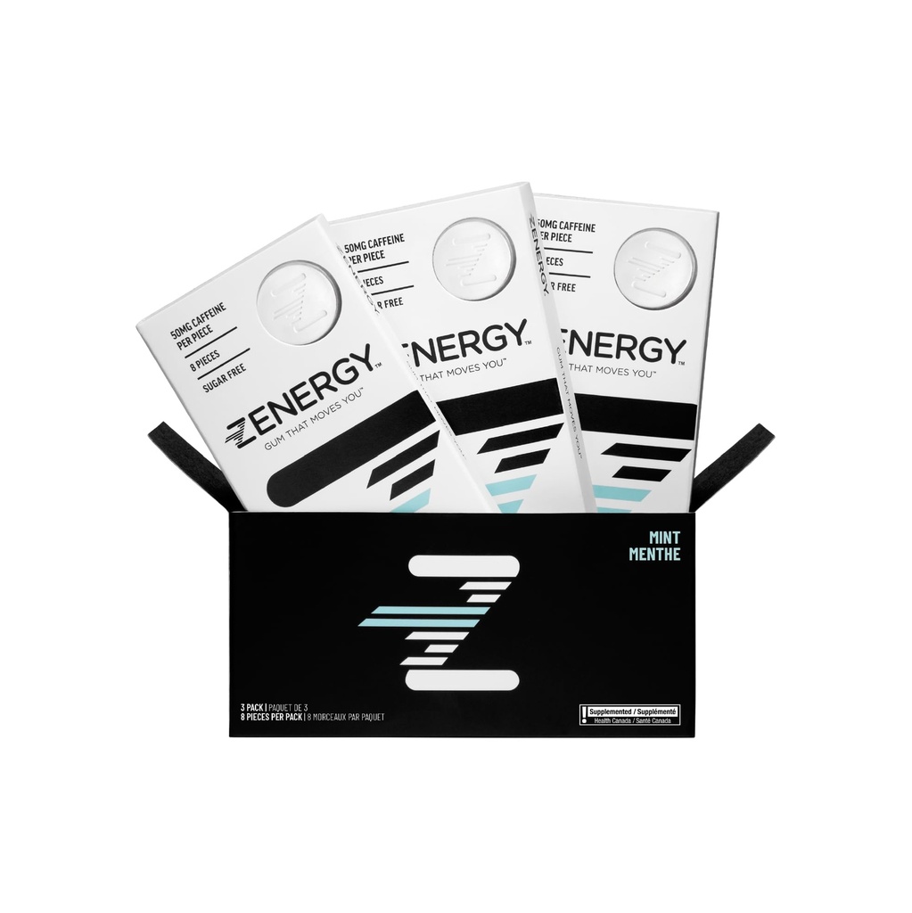 ZENERGY Energy Gum - Mint Flavor ← 50mg Caffeine + 35% B6 y 45% B12 Vitamina tención Vegan, 0 Azúcar, 0 Calories, 0 Gluten, 0 Aspartame, Non-GMO, Acción Inmediata tención 3 Pack = 24 Cuenta