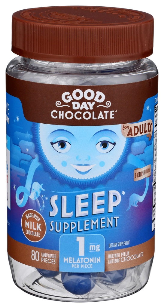 Melatonina de Chocolate de Buen Día para Adultos [ 80 Conteo ] - Comercio Justo Chocolate sin GMO con manzanilla y melatonina 1 mg - Melatonina de Adulto, Suplemento de Ayuda Natural del Sueño