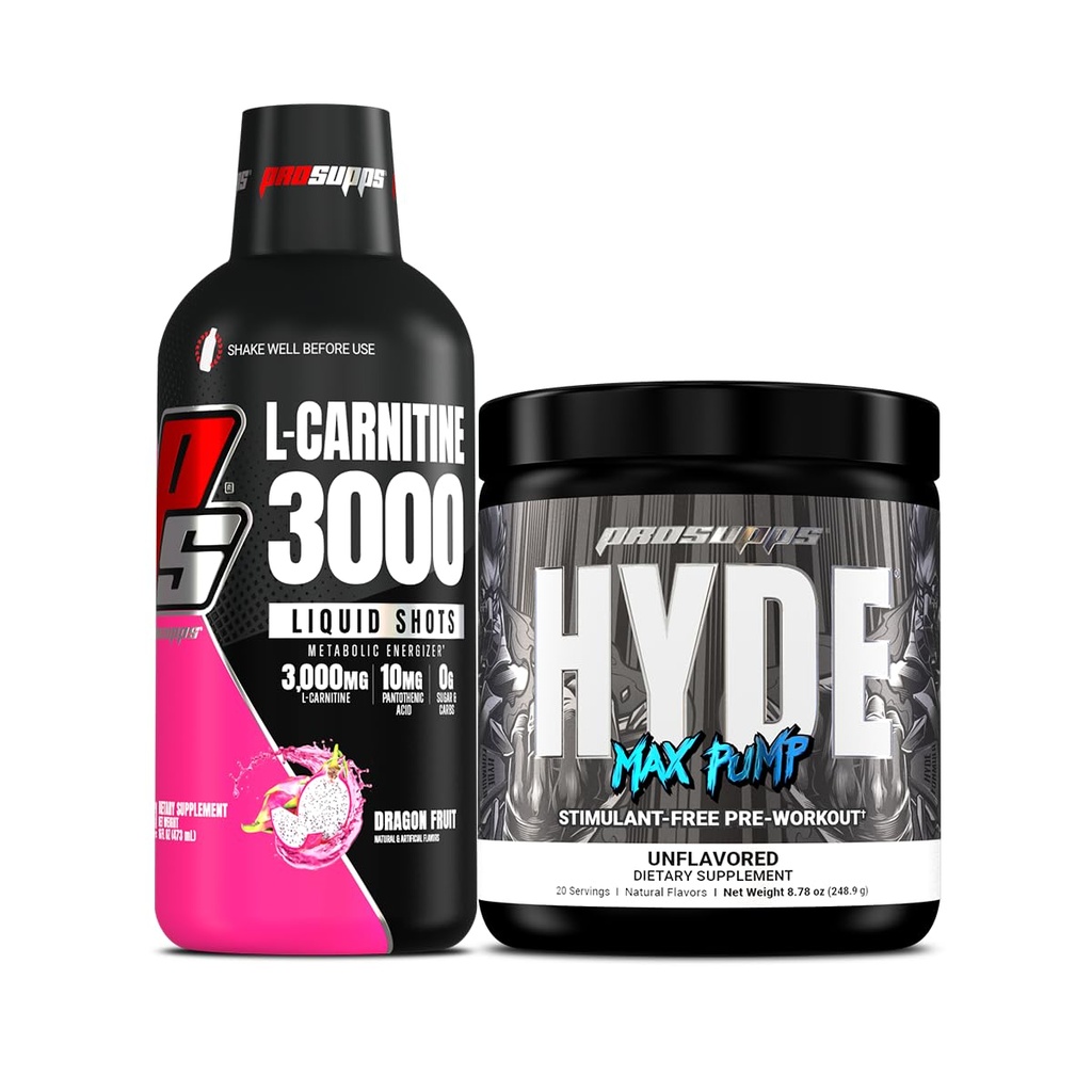PROSUPPS L-Carnitine 3000 Stimulant Free Liquid Shots (31 Servings, Dragon Fruit) y Hyde Max Pump Pre Workout para Hombres y Mujeres (20 Servings, Unflavored) Bundle
