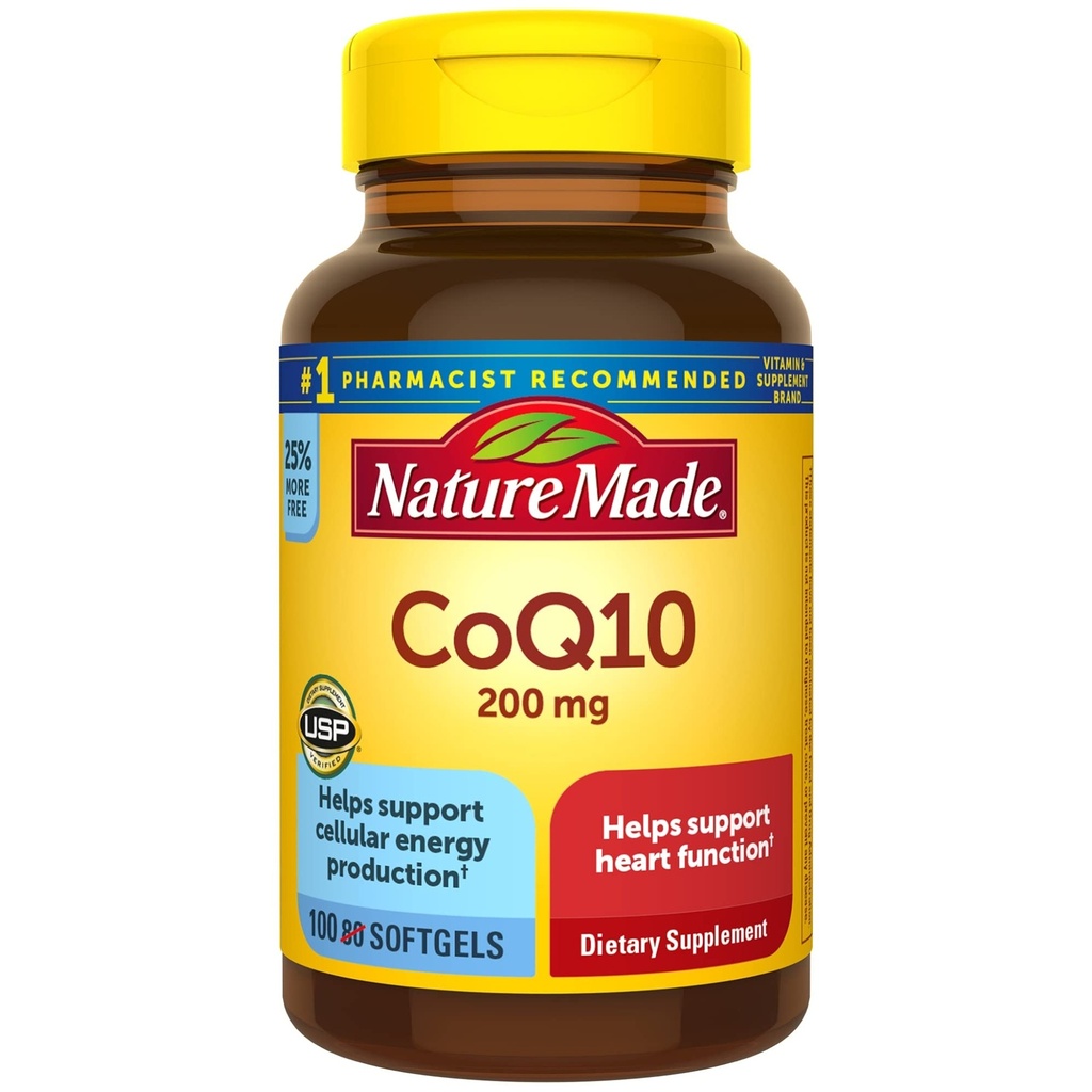 Nature Made CoQ10 200 mg, Suplemento dietético para la salud cardíaca y la producción de energía celular, 100 Softgels, 100 Day Supply