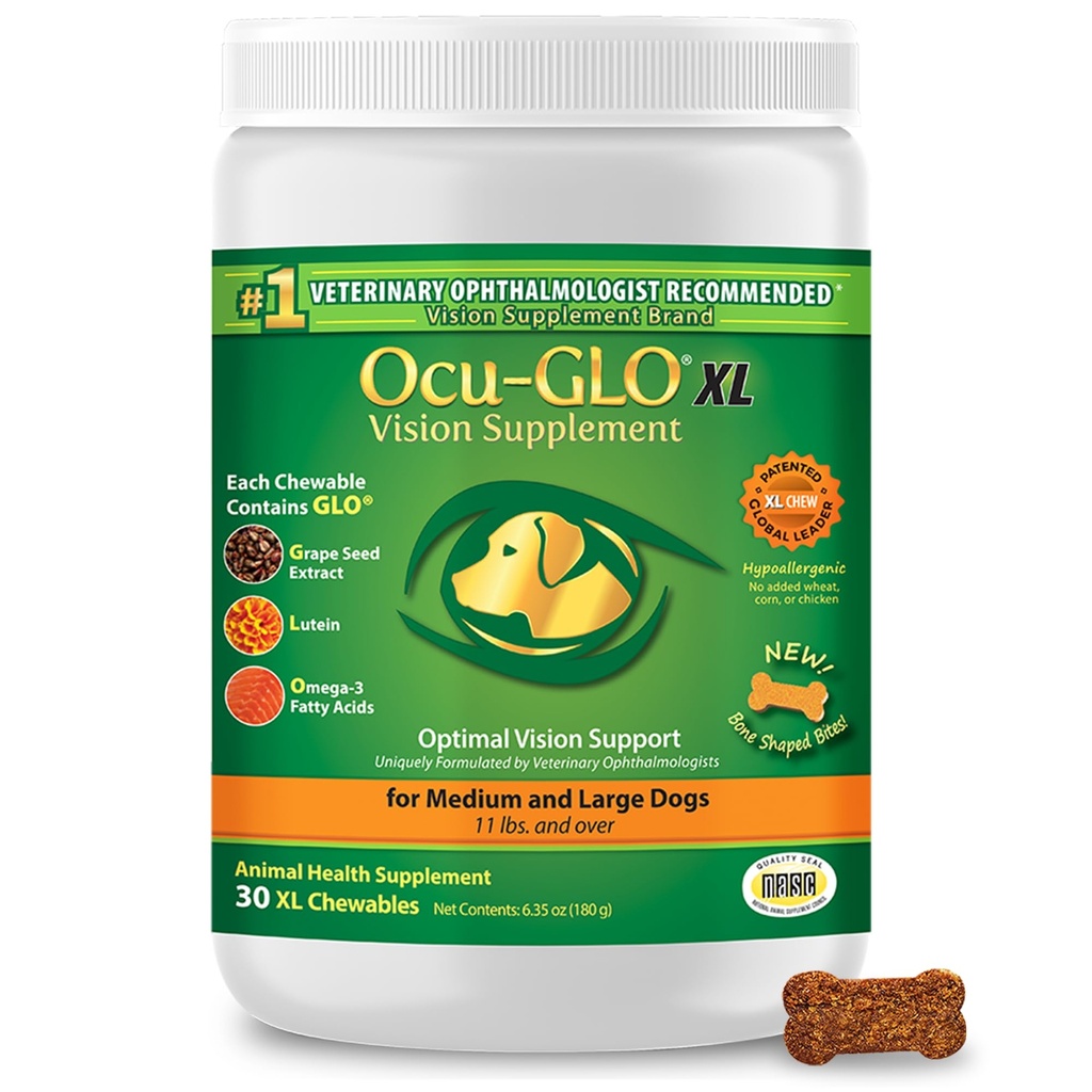 Ocu-GLO Cat &amp; Dog for Eye Support - Chewable Vision Supplement for Large and Small Pets Care with Lutein, Omega-3 Fatty Acids, Grape Seed Extract & Antioxidants 30 XL Chewables