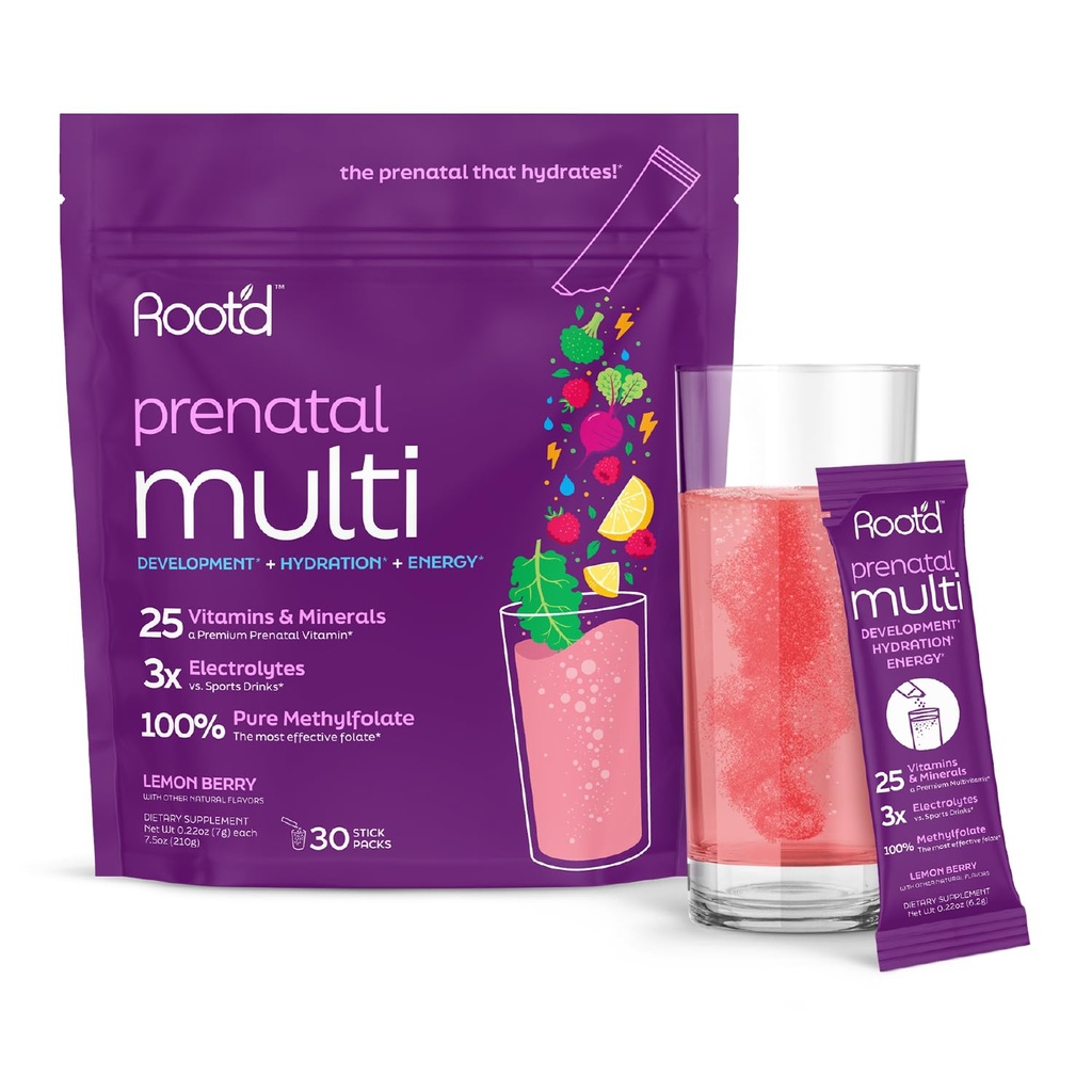 Polvo multivitamina prenatal - 25 vitaminas " minerales con electrolitos 3x, folato, hierro, D3 para mamá " bebé, 7 superalimentos " probióticos, vitaminas libres de azúcar " .