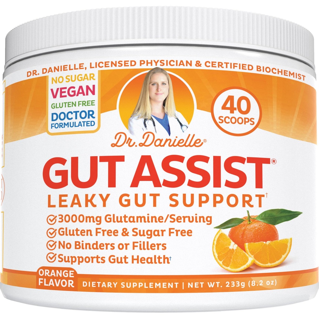 Leaky Gut Support Powder ← L-Glutamine Gut Lining Formula  Gut Assist by Dr. Danielle, Orange Flavor