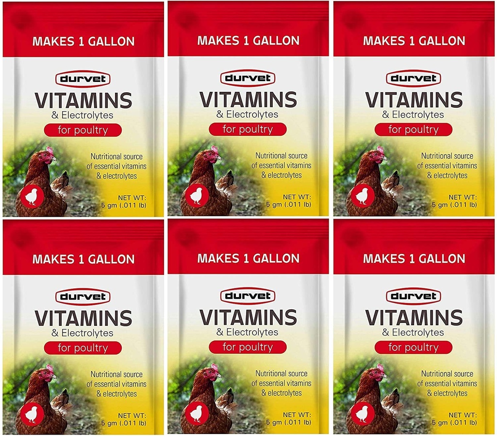Durvet 6 Pack de vitaminas y electrolitos para la aves, 5 gramos, hace 6 galones