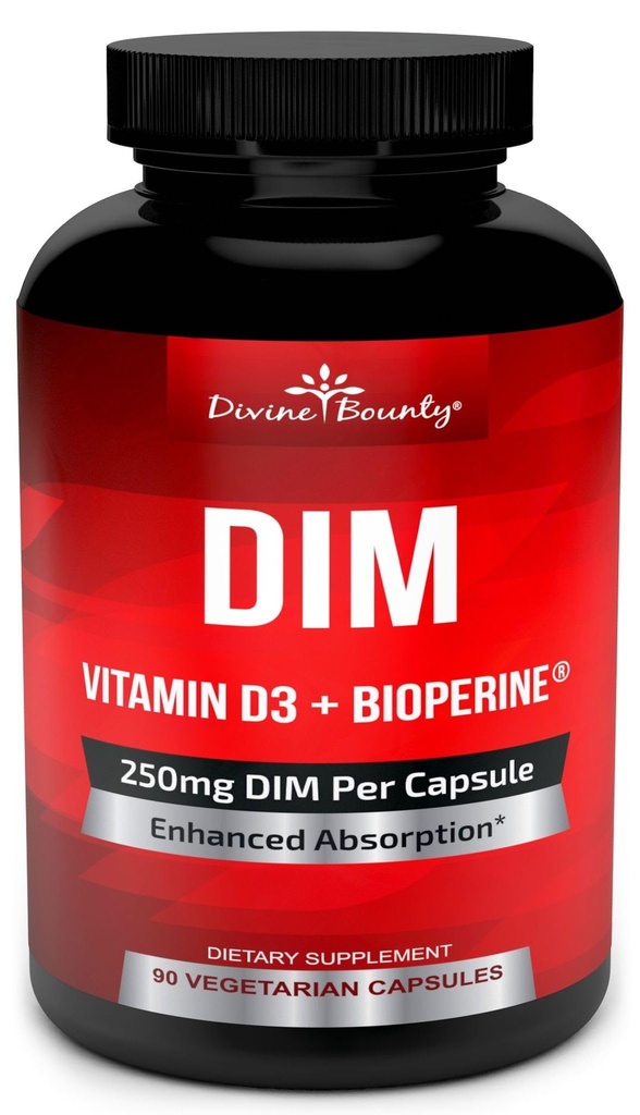 DIM Suplemento 250mg con vitamina D3 Plus BioPerine - Diindolylmetano Menopause &amp; Estrógeno Apoyo, Equilibrio hormonal para Mujeres y Hombres - 90 cápsulas vegetarianas