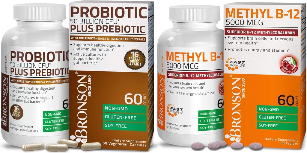 Bronson Probiotic 50 Billion CFU + Prebiótico con Apple Polyphenols &amp; Pineapple Fruit Extract + Metil B12 5000 mcg Vitamina B12 Metilcobalamina