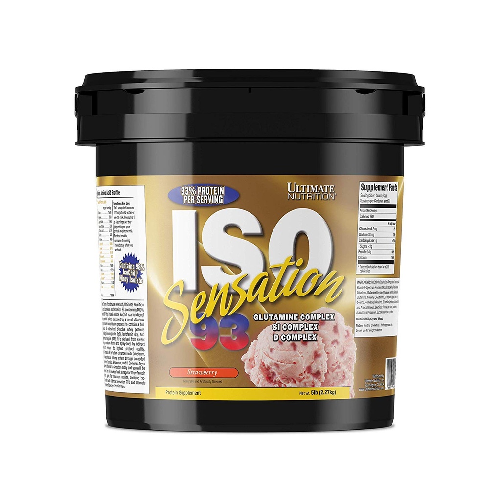 Ultimate Nutrition Iso Sensation 93 with Glutamine, Whey Protein Isolate Powder, 30 Grams of Protein, Low Carb Protein Shakes, Keto Friendly, 5 libras, Strawberry Flavoured