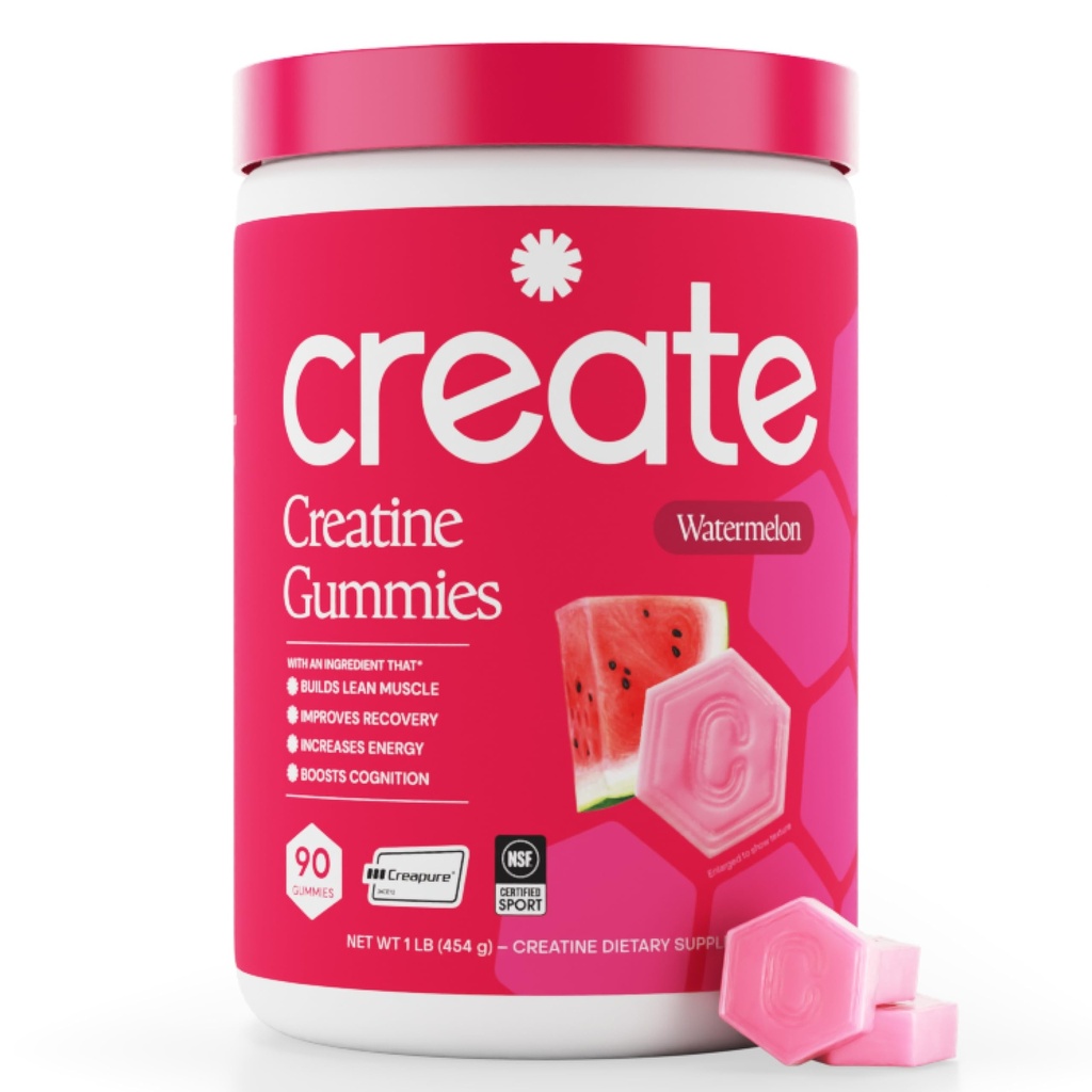 Create Creatine Monohydrate Gummies for Men &amp; Women - Boost Focus, Strength, and Endurance, Anti-Melting Formula, Vegan, Gluten-Free, Non-GMO, 1.5 Gram Creatine per Gummy (Watermelon, 90 ct)