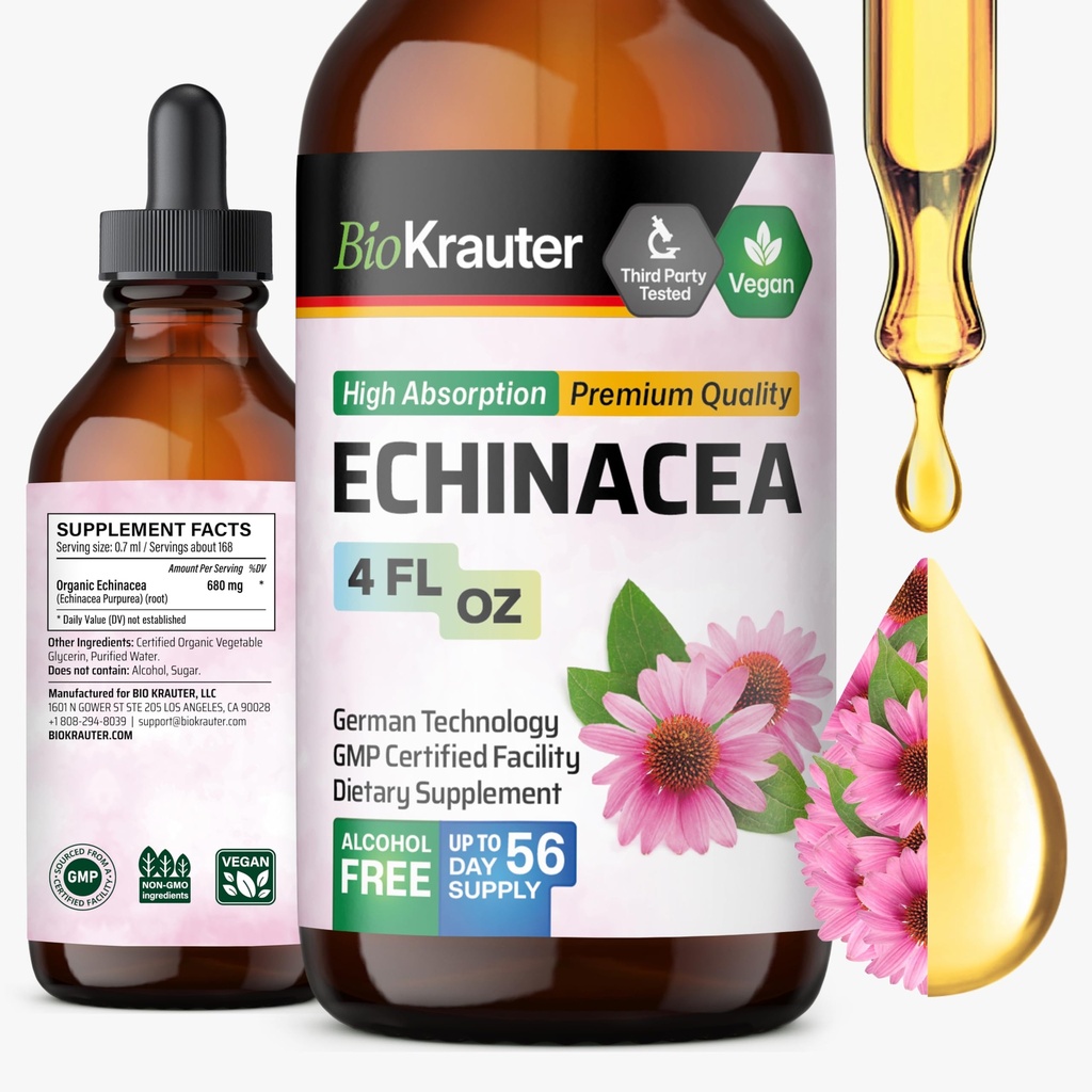 BIO KRAUTER Echinacea Drops - Natural Immune Support - Echinacea Tincture Supplement - Vegan, Alcohol &amp; Sugar Free Drops - 4 Fl.Oz.