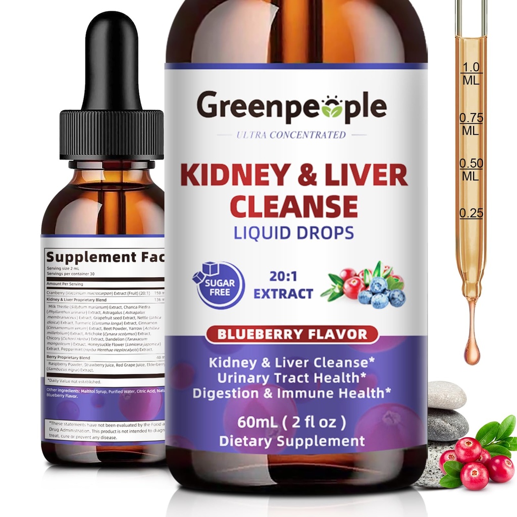 GREENPEOPLE Kidney Cleanse Detox " Repair - 27-In-1 Kidney " Liver Drops with 20:1 Cranberry Extract " Chanca Piedra, Alcohol-Free Supplement for Urinary Tract " Liver Support (2 Oz 1 Pack, Blueberry)