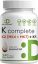 SUPLEMENTO DEAL Vitamina K Complete - 240 Aceite de coco Softgels ← High Potency Vitamin K2 (MK-7 y MK-4) & K1 Silencio Full Spectrum Triple Vitamin K ← Bone, Joint, &amp; Immune Support – Non-GMO