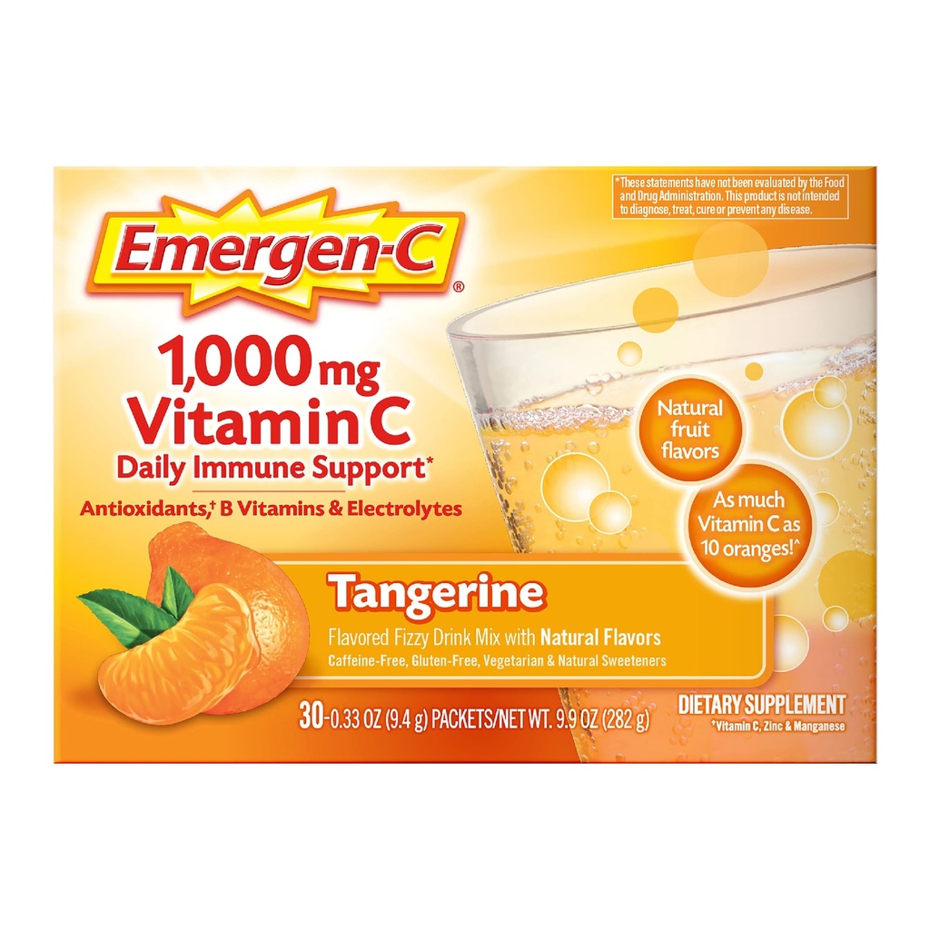 Emergen-C 1000mg Vitamina C Immune Support Powder Tangerine 30CT incluye Zinc, Manganese, 7 B Vitaminas y Electrolitos para Volver a Esenciales Escolares