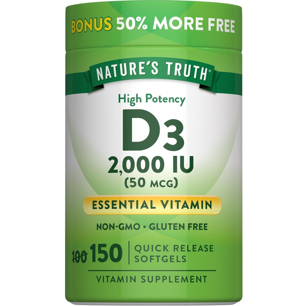 La Verdad de la Naturaleza Vitamina D3 2000 UI Softgels para Adultos Silencioso 150 Conde ← Alta Potencia Silencio No GMO y Gluten Suplemento Gratis