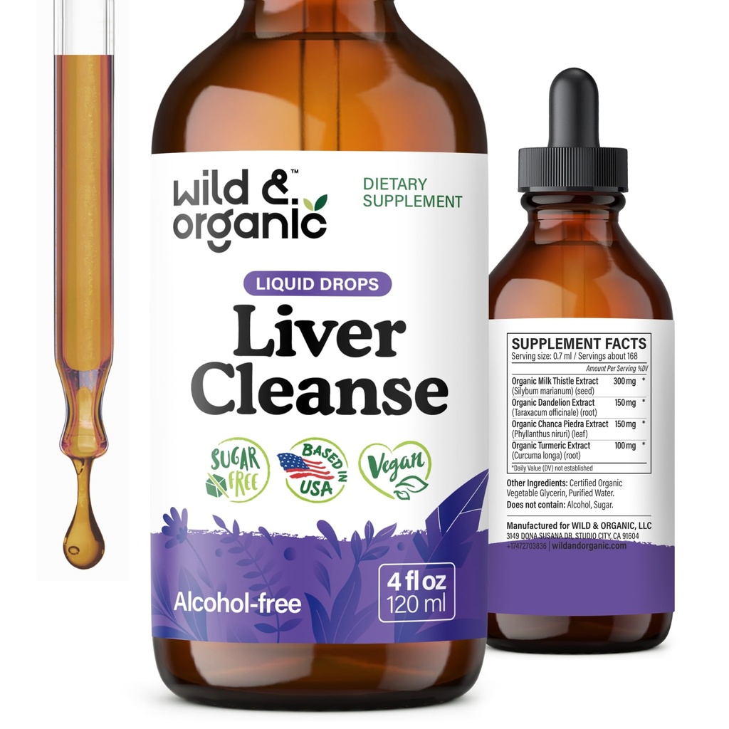 Wild &amp; Organic Liver Cleanse Detox Tincture - Milk Thistle, Dandelion Root Herbal Complex - Liquid Liver Support Supplement - Vegan, Sugar &amp; Alcohol-Free Milk Thistle Drops - 4 fl oz