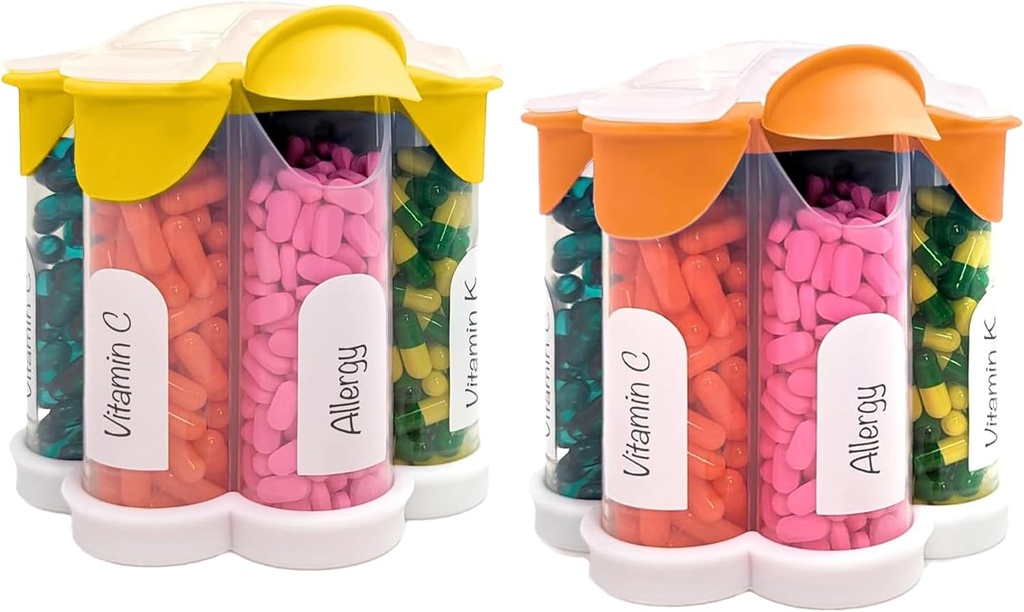 Organizador de píldoras extra grande diario, semanal, suplemento mensual botella, dispensador de píldoras lindo Blossom con 7 compartimentos XL (2 Pack Combo) (Orange y Amarillo)