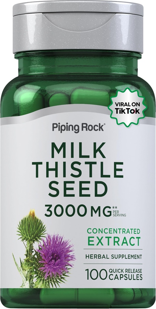 Piping Rock Milk Thistle Suplemento 3000mg ← 100 Capsules ← Concentrated Herbal Extract ← Non-GMO, Gluten Free