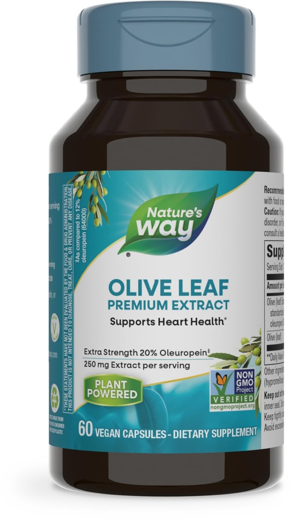 Hoja de oliva de la naturaleza, Extracto Premium, apoya la salud cardíaca*, 20% Oleuropeina, 250 mg por por porción, Proyecto no GMO Verificado, 60 cápsulas veganos (paquete mayo Vary)