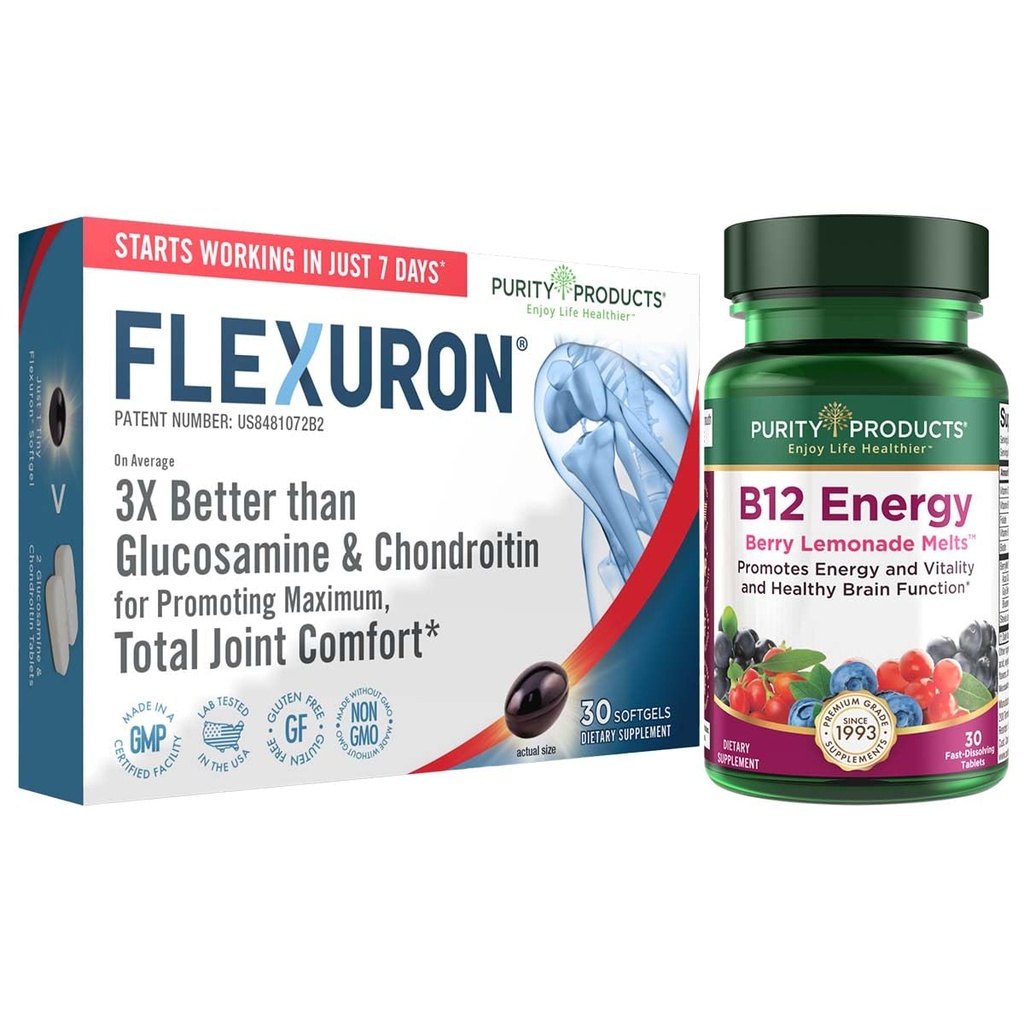 Purity Products Flexuron Joint Formula + B-12 Energy Melt Flexuron (Krill Oil, Low Molecular Weight Hyaluronic Acid, Astaxanthin) - B12 Energy Melt (Methylcobalamin B12, Vitamina D3, Biotin +Más)