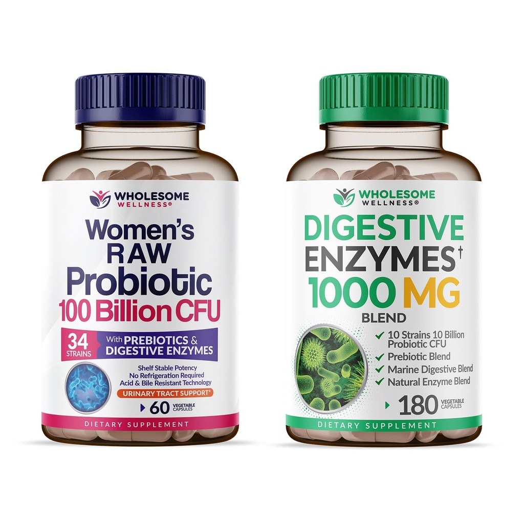 Pleno Wellness Dr. Formulated Raw Probiotics for Women 100 Billion CFUs + Enzymes Digestivos 1000MG Plus Prebióticos &amp; Probióticos Suplemento Bundle